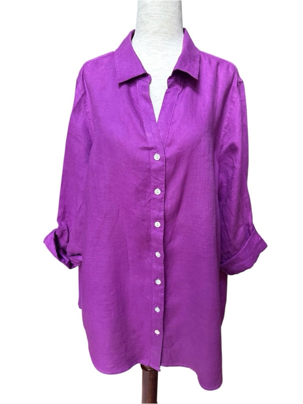Sigrid Olsen Purple Button-Front Women's Linen Shirt Roll Sleeves, 1X